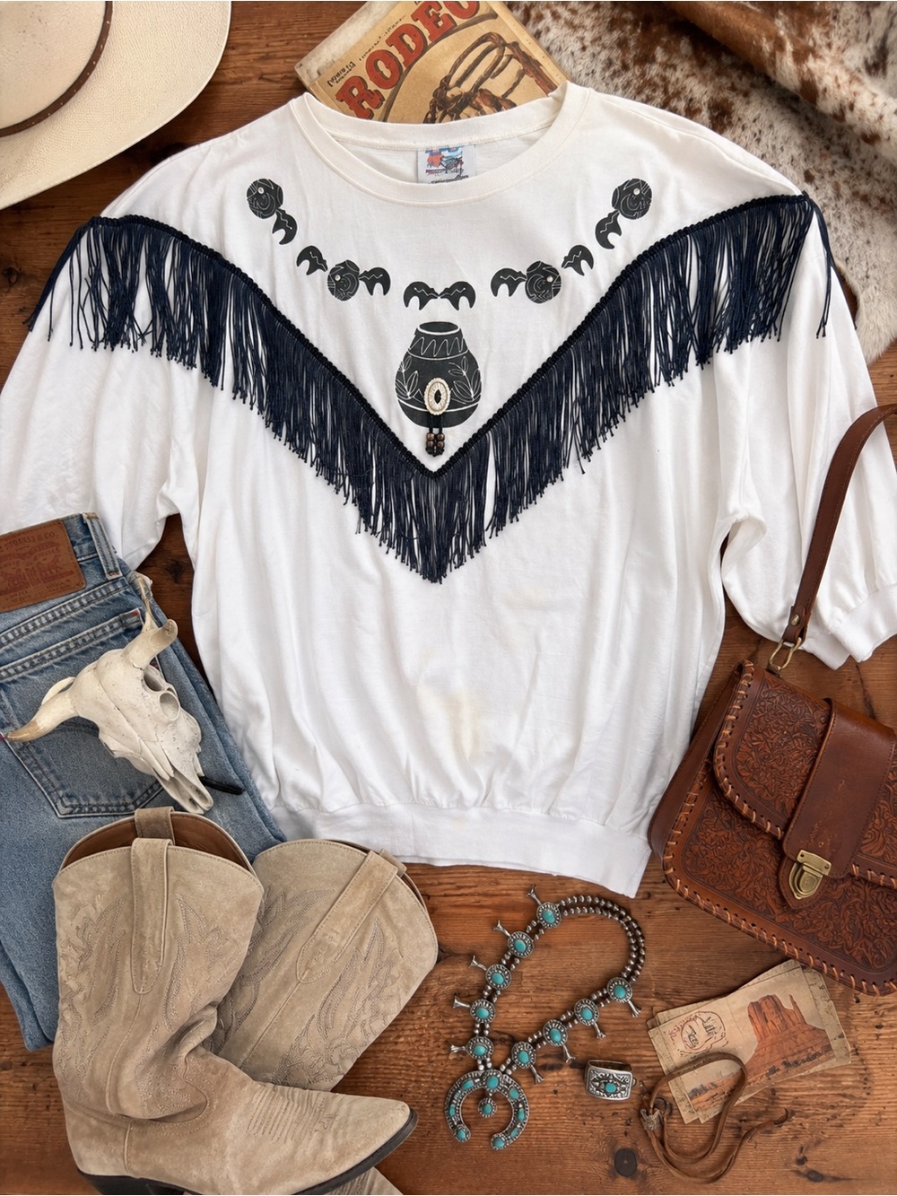 Vintage Southwestern Fringe Sweatshirt Boho Western Cowgirl Top Oversized Retro